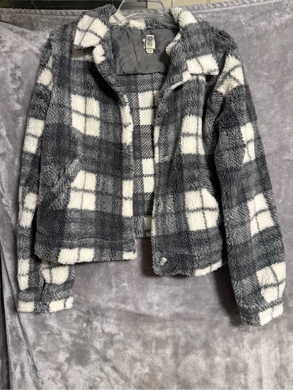 Cozy Gray & White Plaid Sherpa Jacket